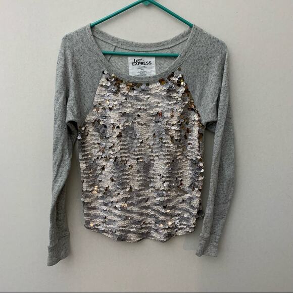 Express Sequin Front Silver Long Sleeve Sweatshirt - Picture 1 of 4